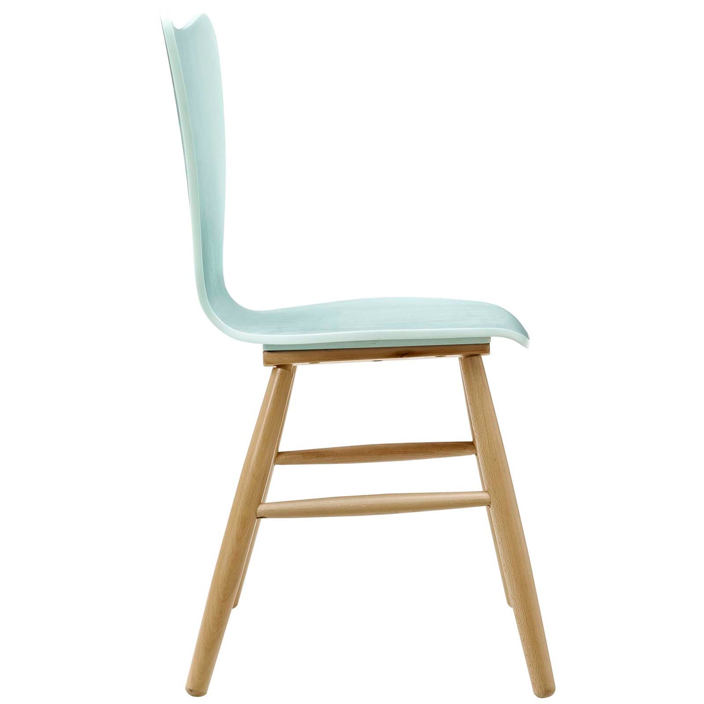 Light blue molded plastic dining chair with curved back and natural wood legs with stretchers.