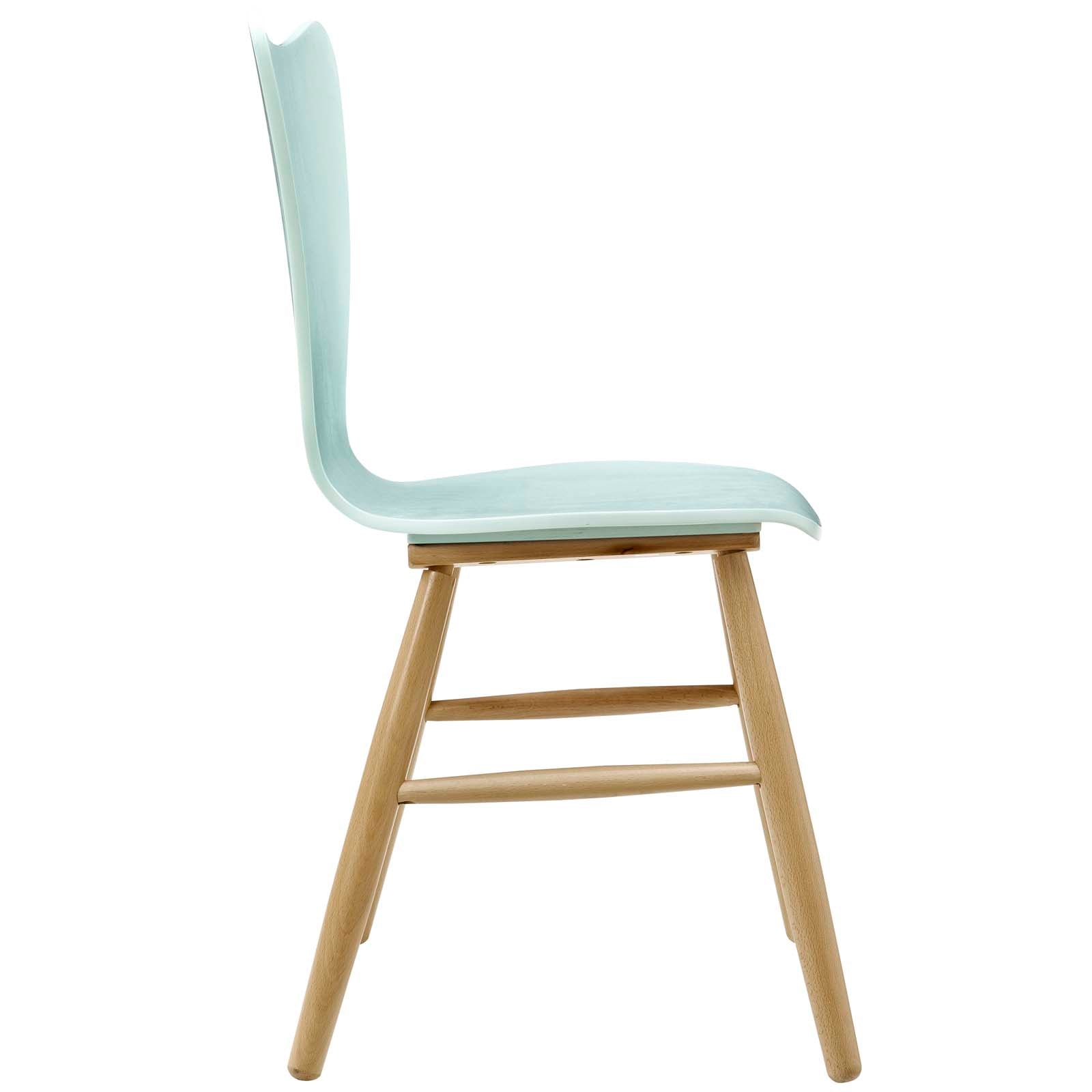 Light blue molded plastic dining chair with curved back and natural wood legs with stretchers.