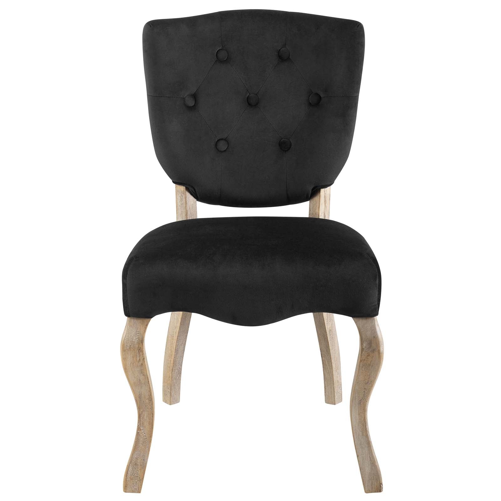 Black tufted upholstered dining side chair with natural wood curved legs