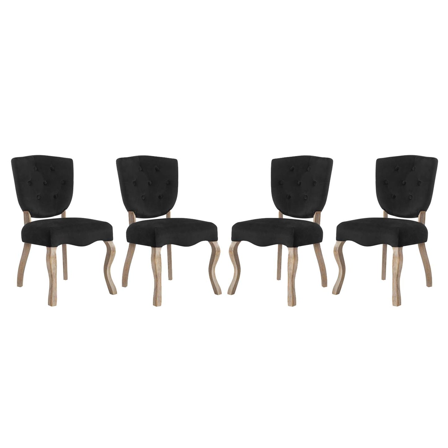 Set of four black tufted dining chairs with light wood curved legs and cushioned seats.