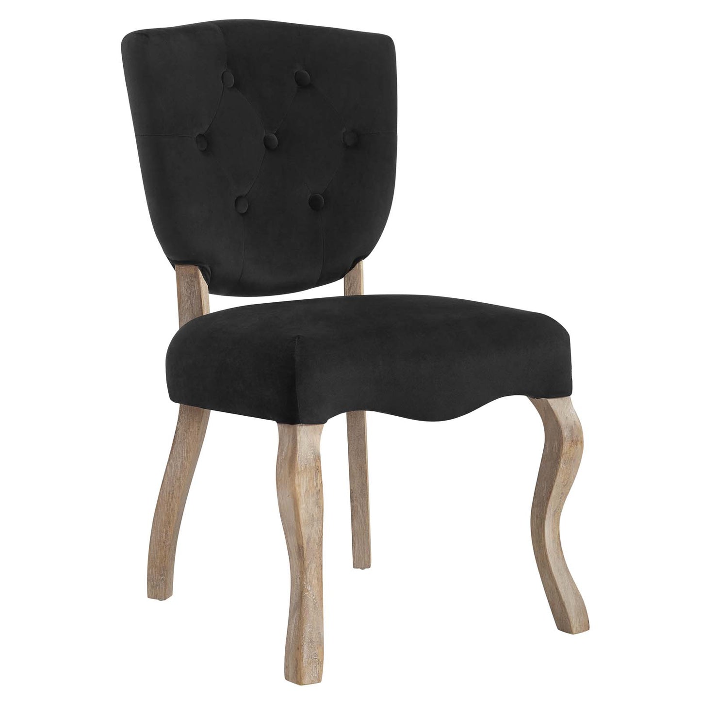 Black upholstered dining side chair with tufted back, padded seat & natural wood curved legs in a vintage rustic style.