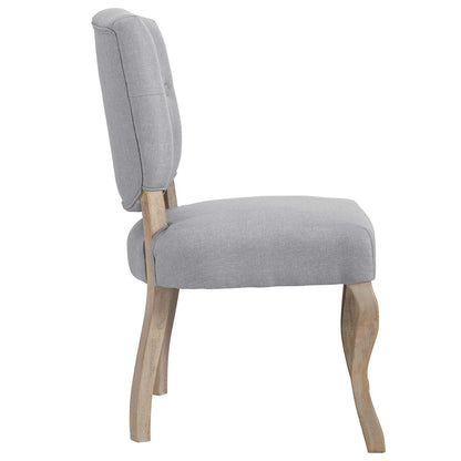 Gray upholstered dining chair with padded back and seat, light wood curved legs.