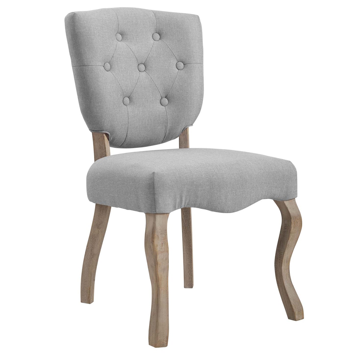Grey upholstered armless chair with button-tufted back and natural wood curved legs.