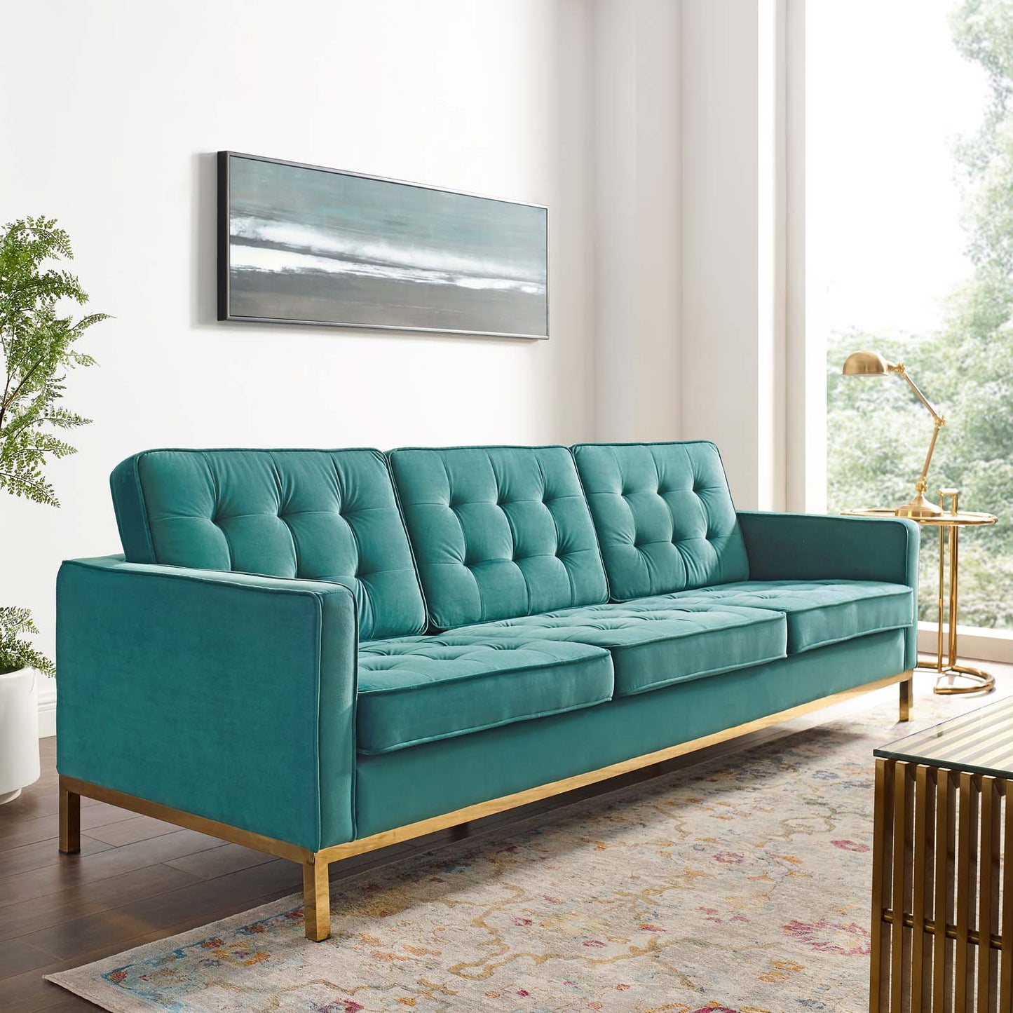 Modway Outlet Loft Gold Stainless Steel Leg Performance Velvet Sofa by Modway  Living Room Furniture Gold Teal - EEI-3387-GLD-TEA