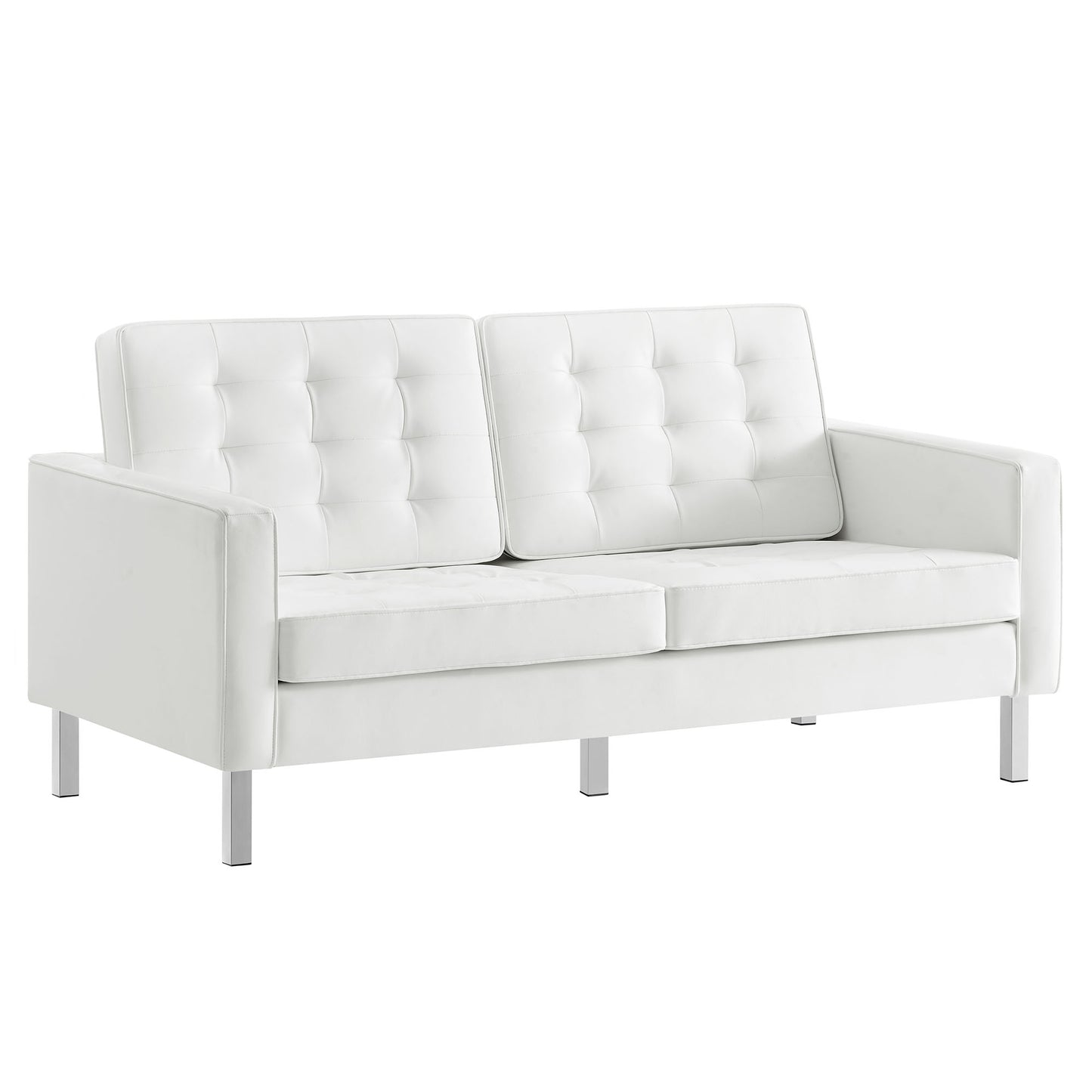 White tufted vegan leather loveseat with square arms and chrome legs.