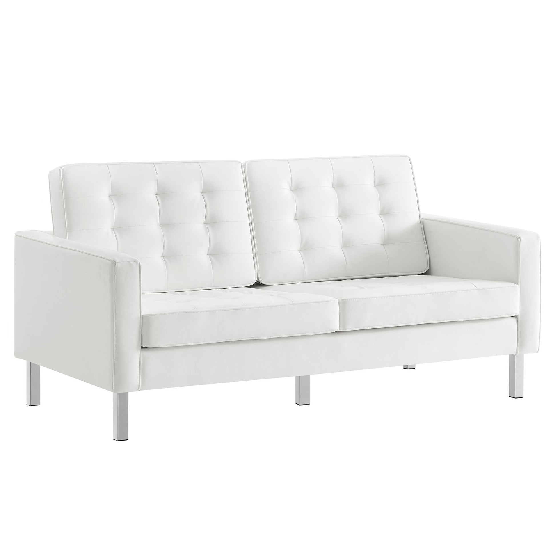 White tufted vegan leather loveseat with square arms and chrome legs.