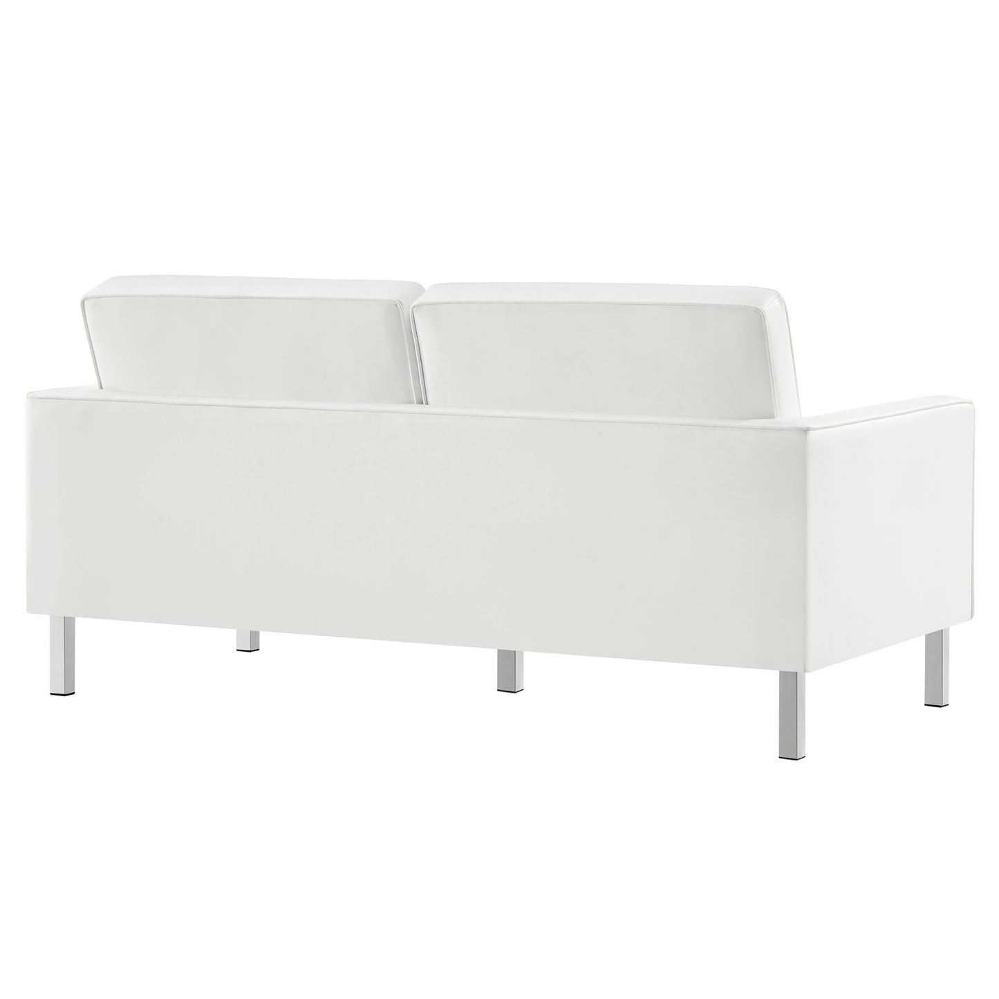 White modern two-seater sofa, back view with two cushions, metal legs, minimalist contemporary lounge.