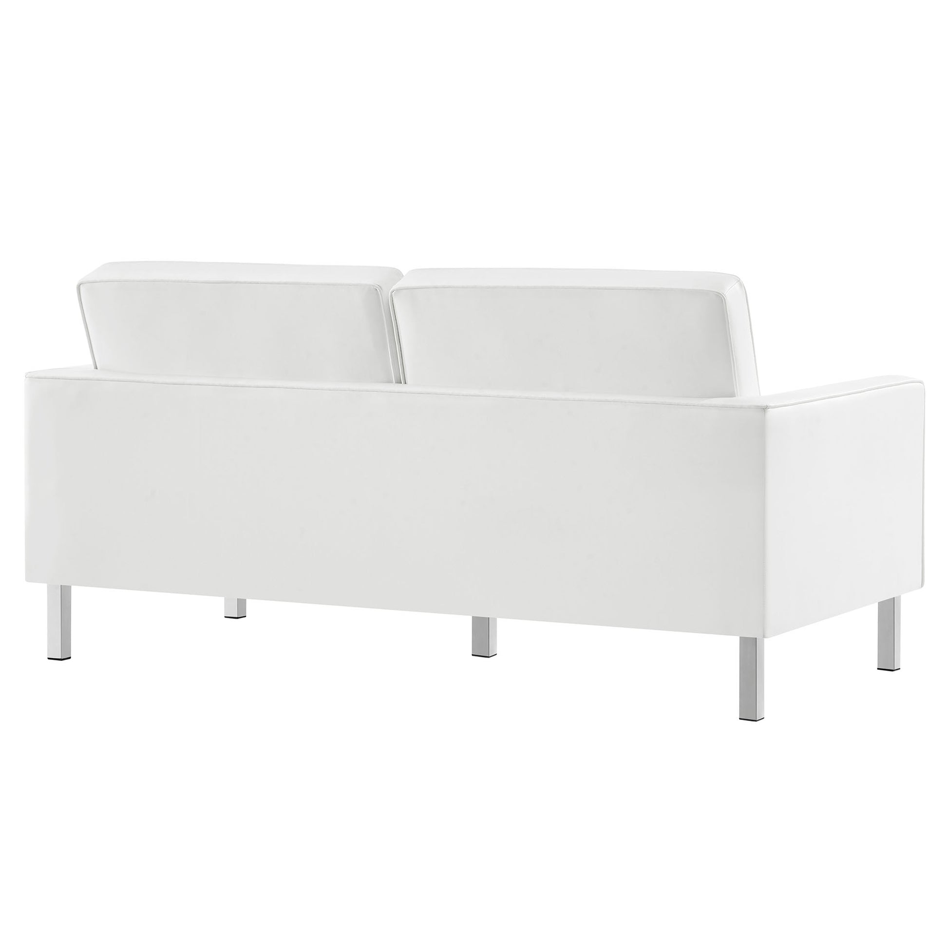 White modern two-seater sofa, back view with two cushions, metal legs, minimalist contemporary lounge.
