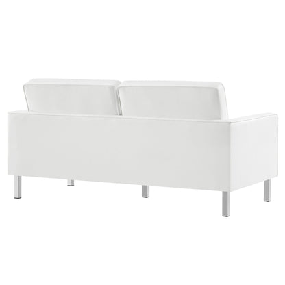 White modern two-seater sofa, back view with two cushions, metal legs, minimalist contemporary lounge.