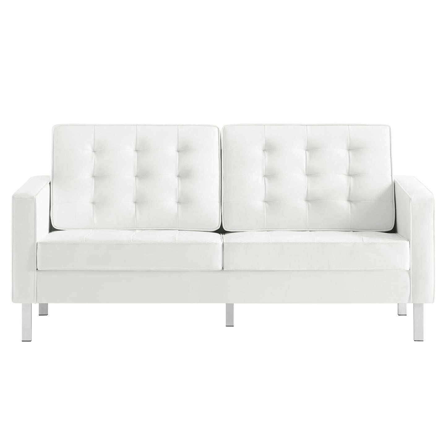 White tufted vegan leather loveseat with two back cushions, square arms and chrome legs, modern living room seating.
