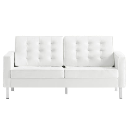 White tufted vegan leather loveseat with two back cushions, square arms and chrome legs, modern living room seating.