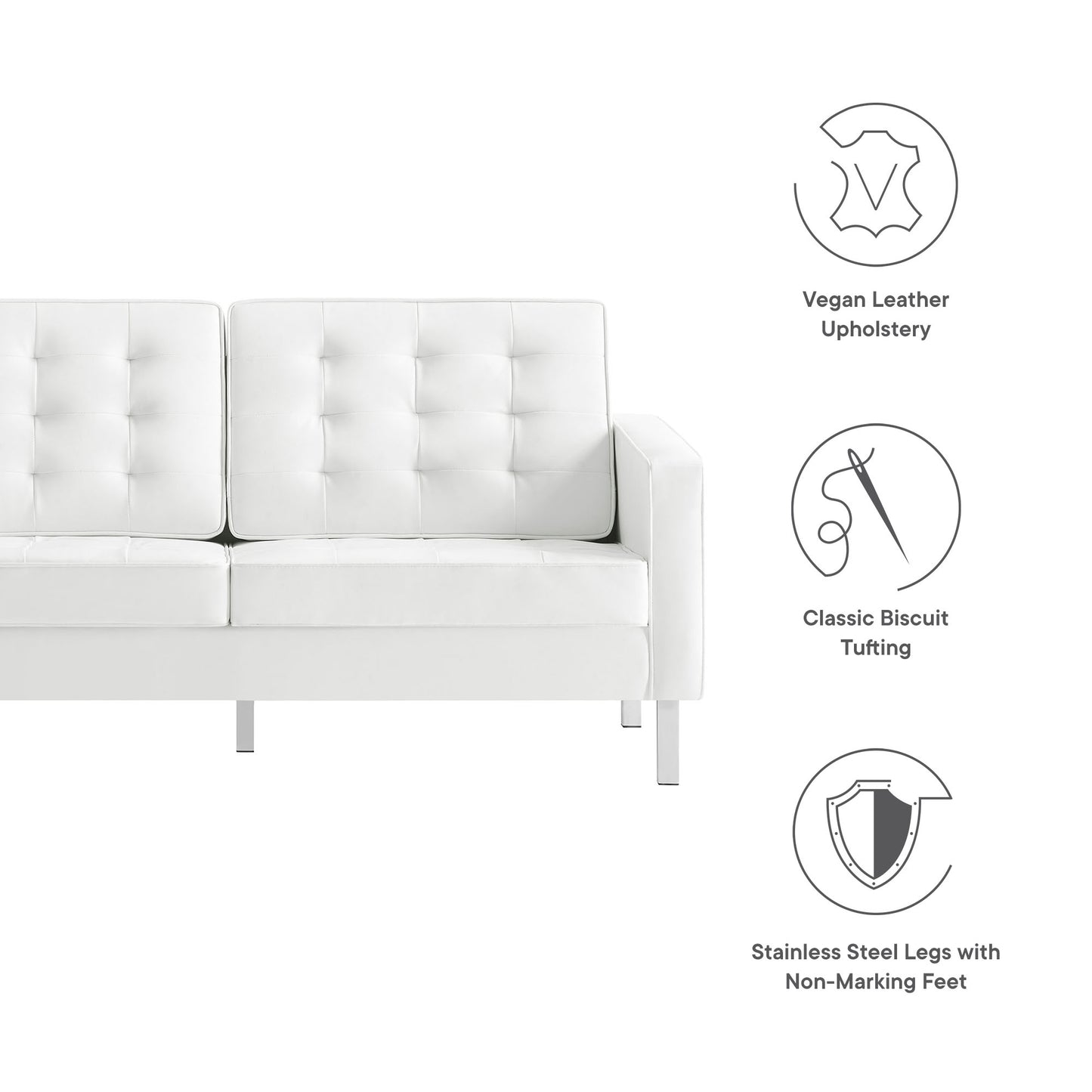 White vegan leather loveseat with biscuit tufting, clean modern silhouette, stainless steel legs with non-marking feet.