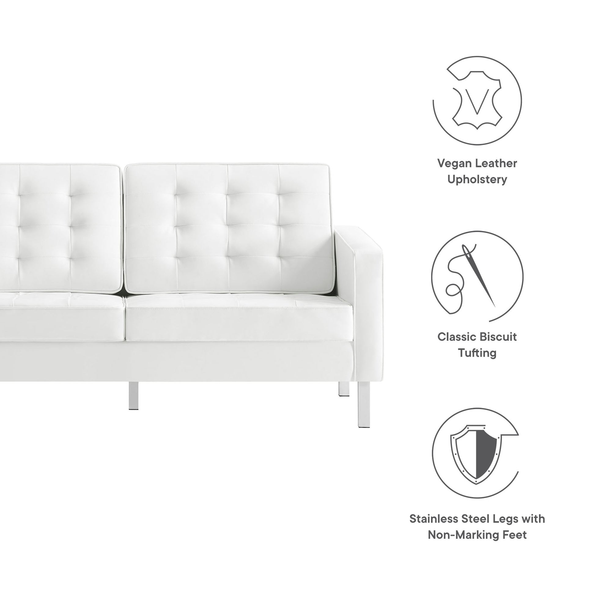 White vegan leather loveseat with biscuit tufting, clean modern silhouette, stainless steel legs with non-marking feet.