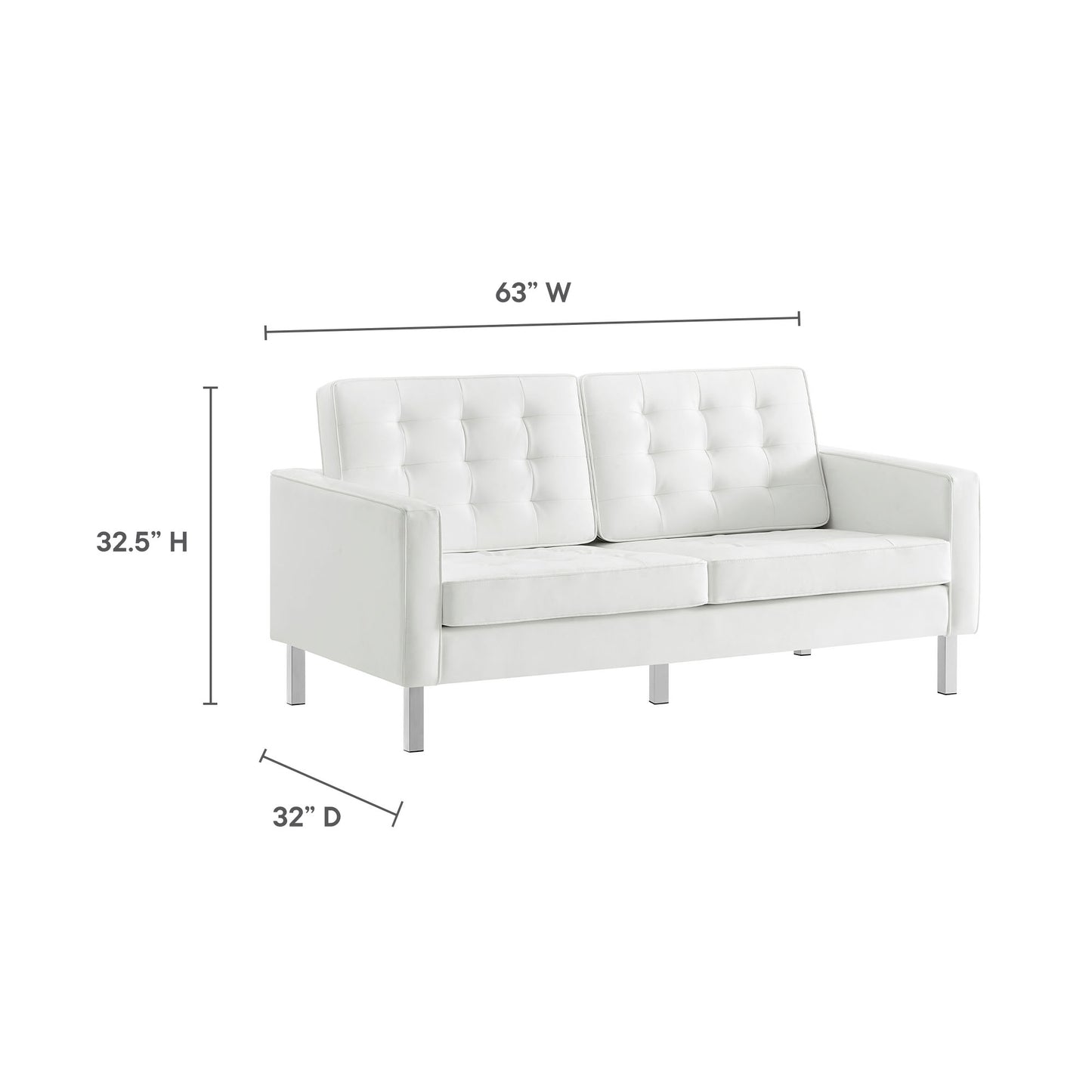 63 in wide white tufted sofa with squared arms and metal legs; modern 2-seat couch with cushioned back