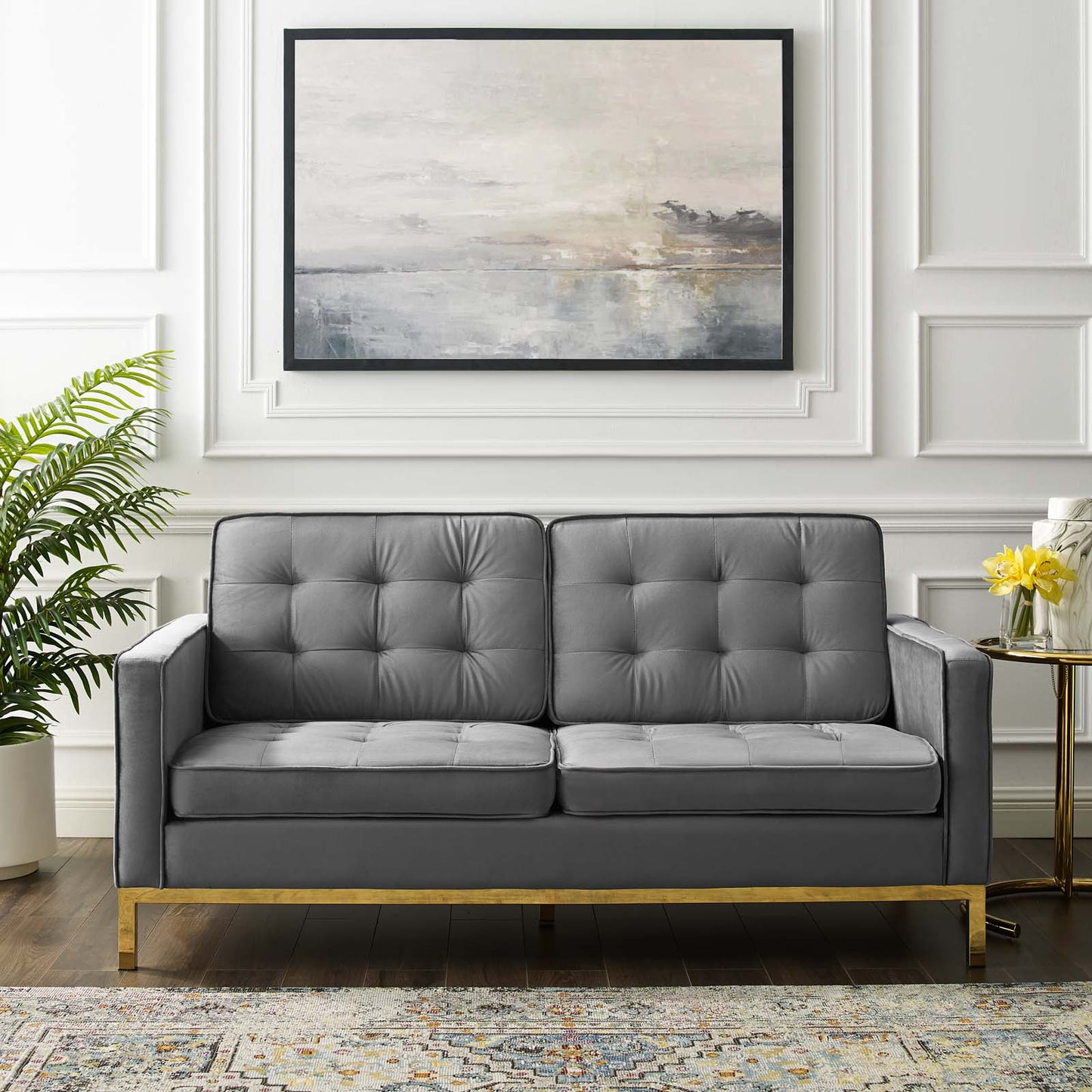Modway Outlet Loft Gold Stainless Steel Leg Performance Velvet Loveseat by Modway  Living Room Furniture Gold Gray - EEI-3390-GLD-GRY