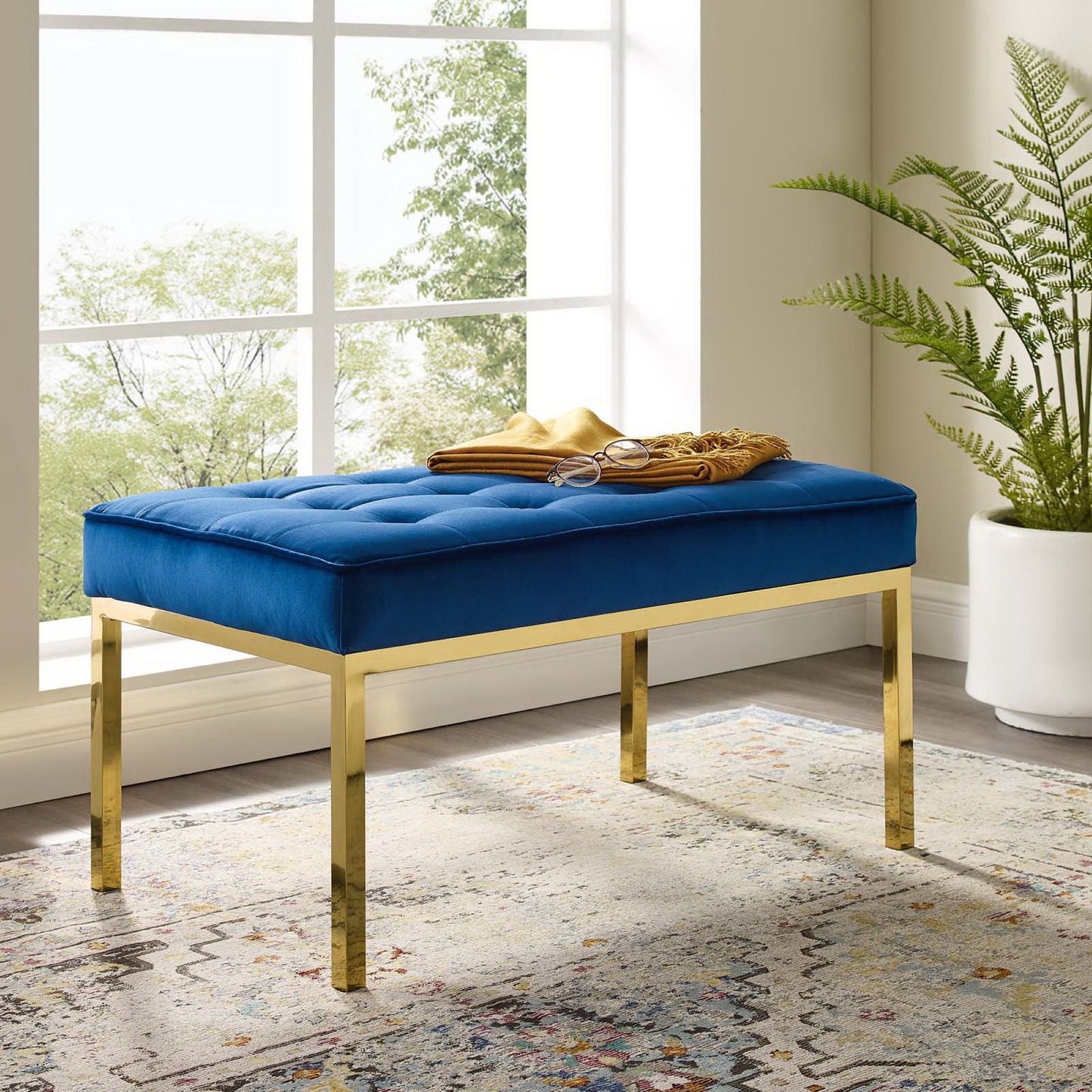 Modway Outlet Loft Gold Stainless Steel Leg Medium Performance Velvet Bench by Modway  Living Room Furniture Gold Navy - EEI-3402-GLD-NAV