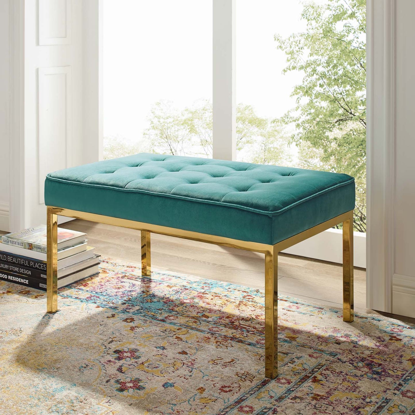 Modway Outlet Loft Gold Stainless Steel Leg Medium Performance Velvet Bench by Modway  Living Room Furniture Gold Teal - EEI-3402-GLD-TEA