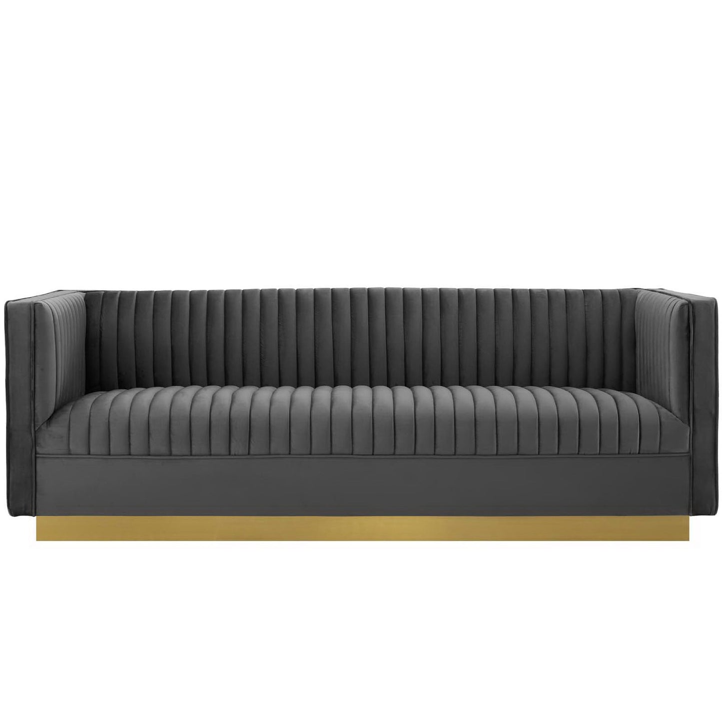 Grey performance velvet sofa with vertical channel tufting and low arms.