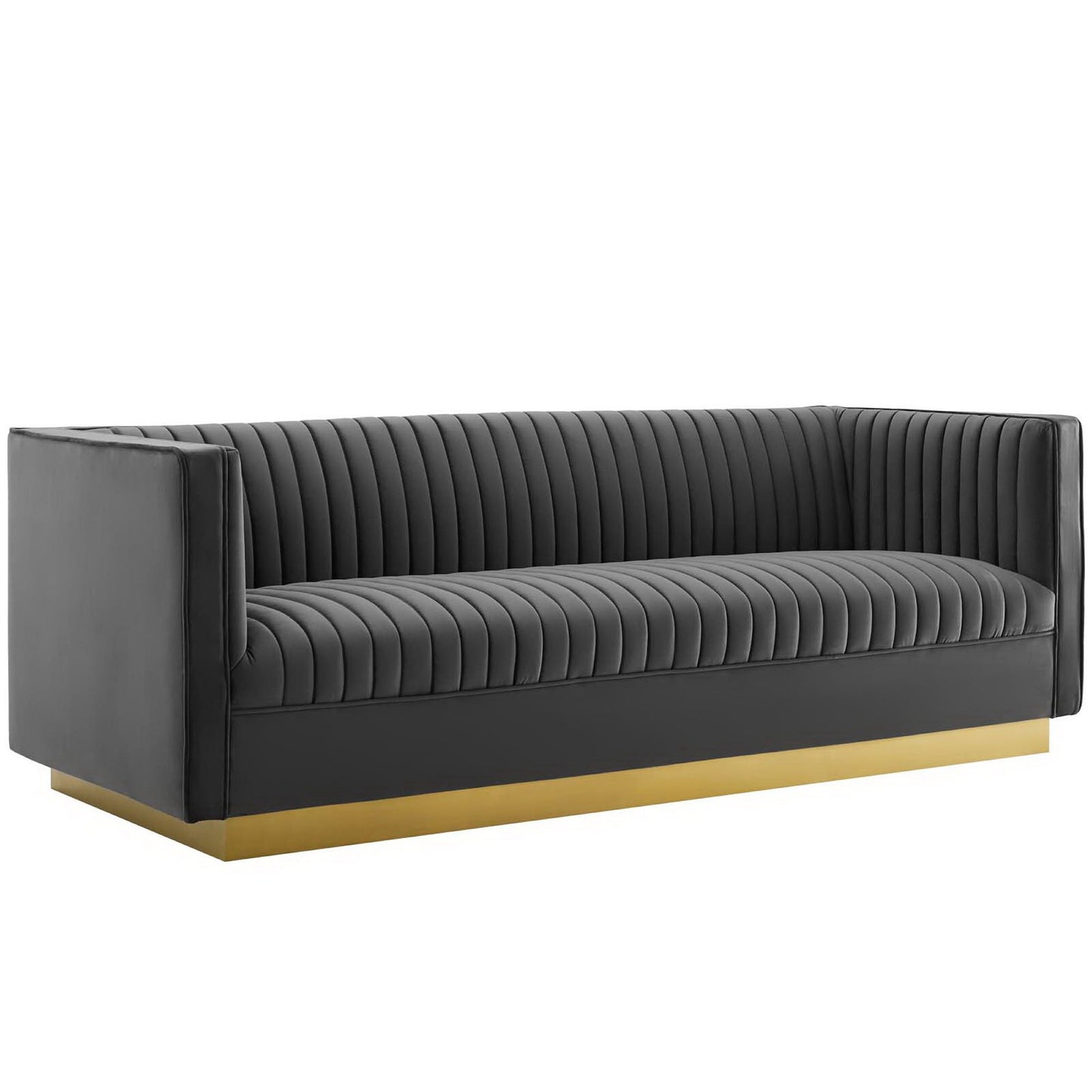 Gray velvet sofa with vertical channel tufting, square arms, low back, & gold metal base.