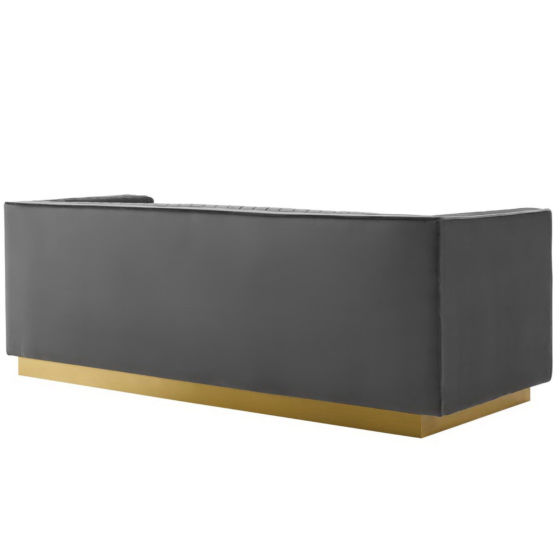 Grey modern sofa with a gold metal base, low-profile rectangular seating for contemporary living spaces.