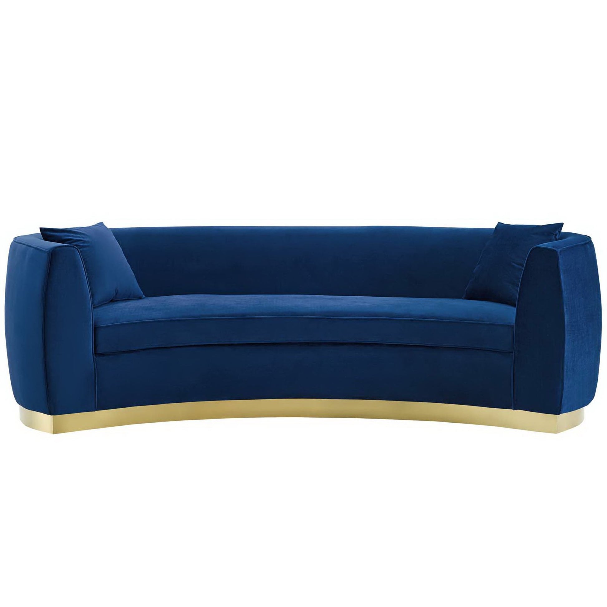Navy blue velvet curved sofa with rounded arms, thick cushions and a gold metal base.