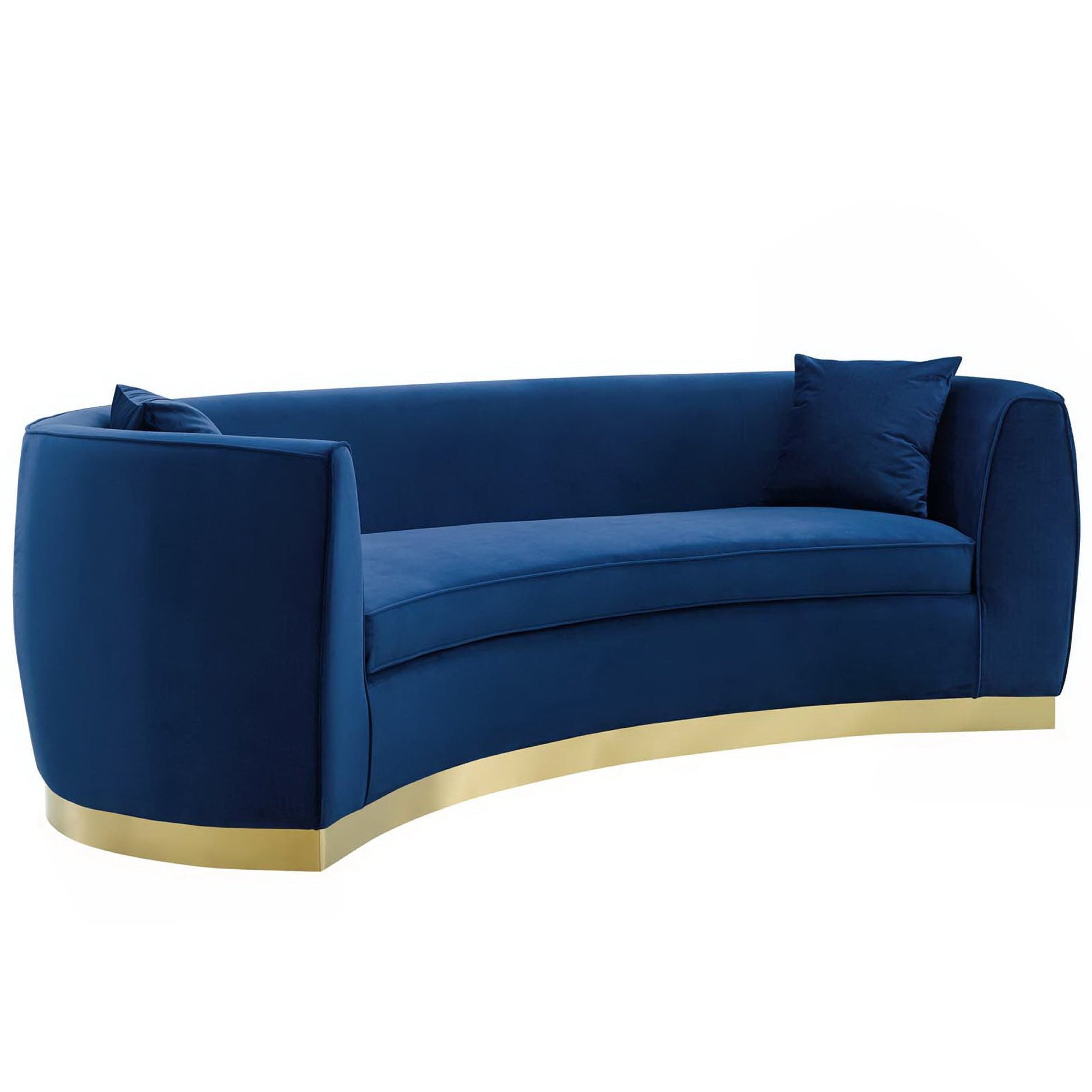 Navy velvet curved sofa with gold metal base, low arms, and two matching cushions