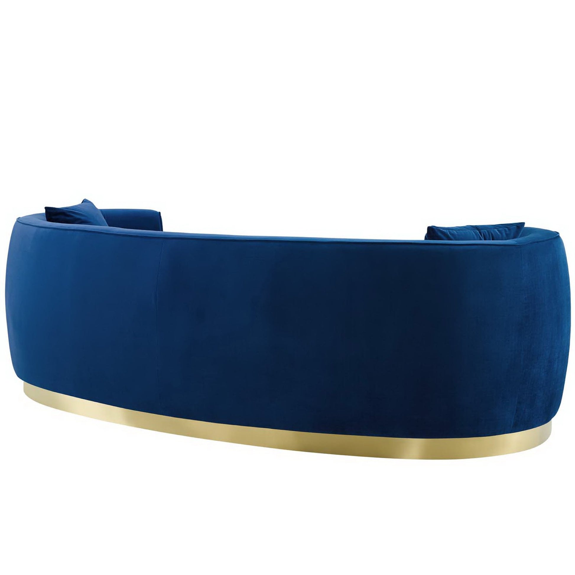 Navy blue curved velvet sofa with a gold metal base and plush cushions for chic living room seating.