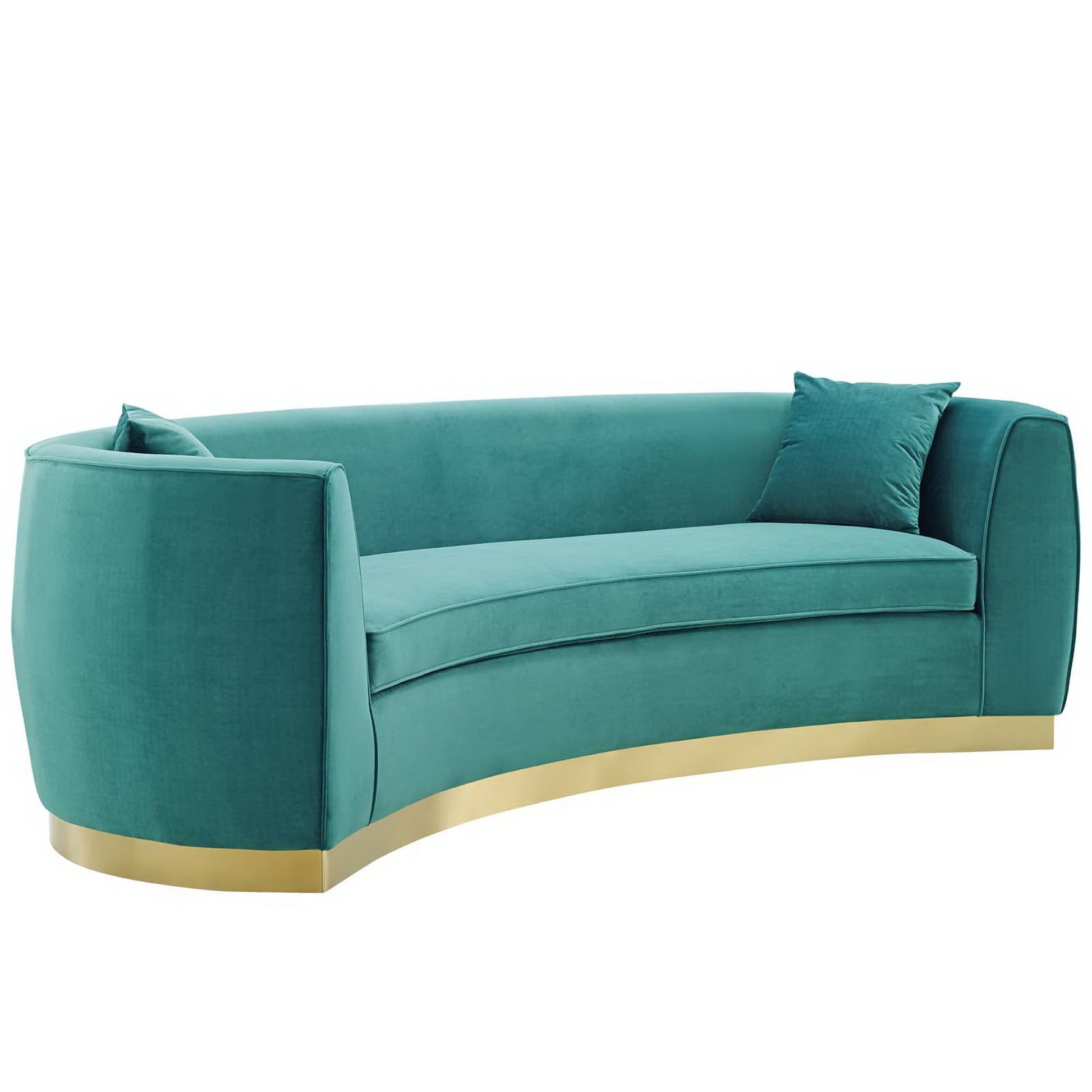 Blue curved velvet sofa with rounded arms, gold metal base and matching cushions.