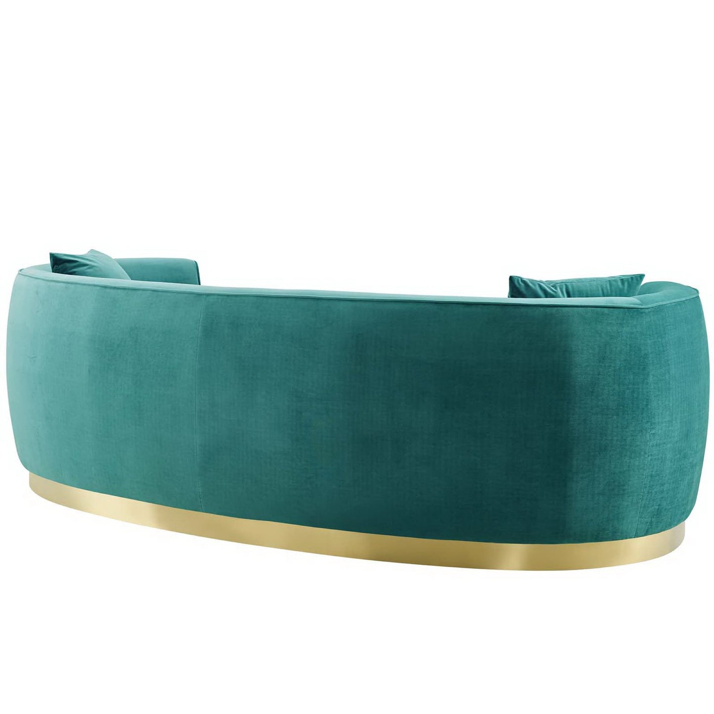 Blue curved velvet sofa with a metal base and matching cushions, modern lounge piece.