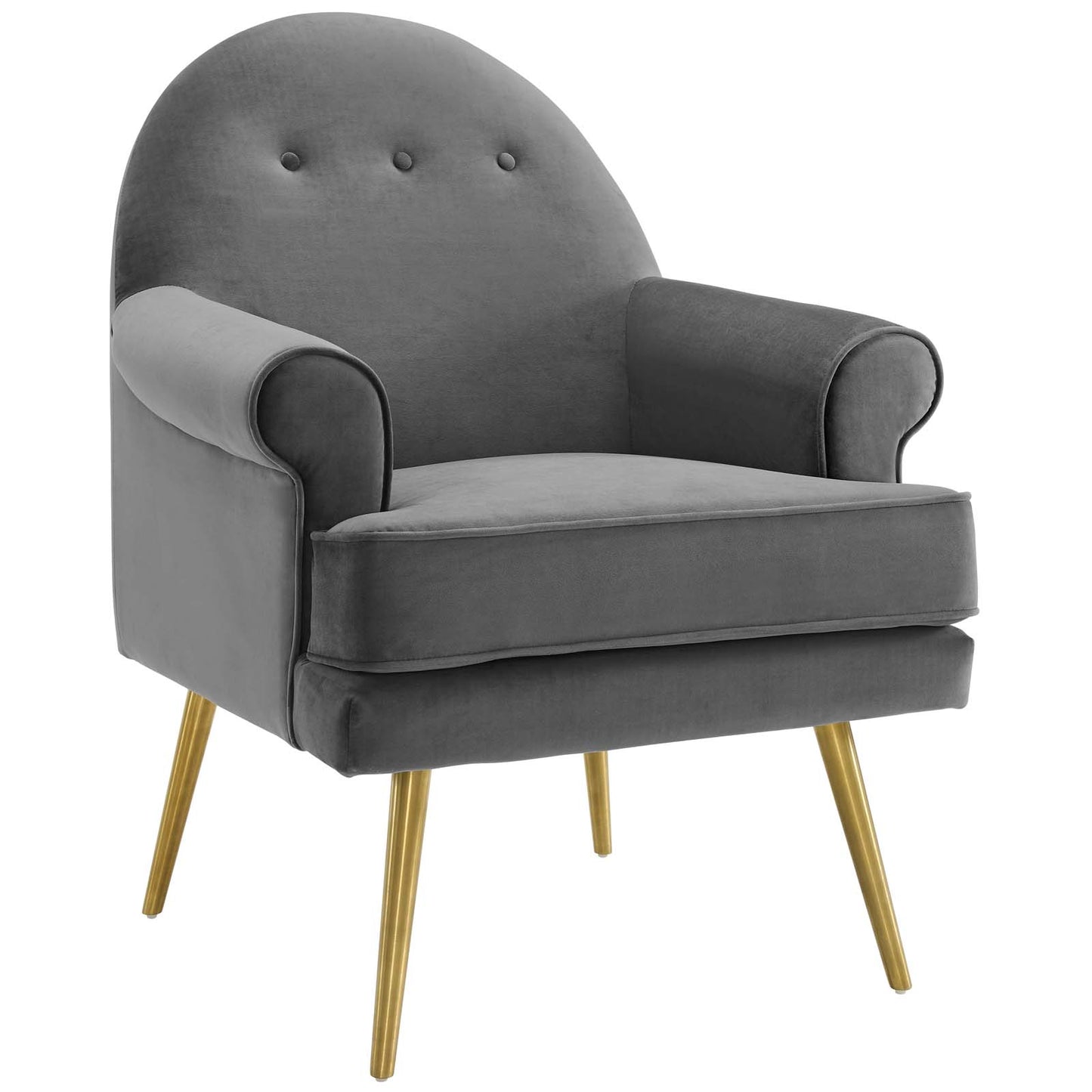 Gray velvet accent armchair with curved tufted back, rolled arms, cushioned seat and gold tapered legs
