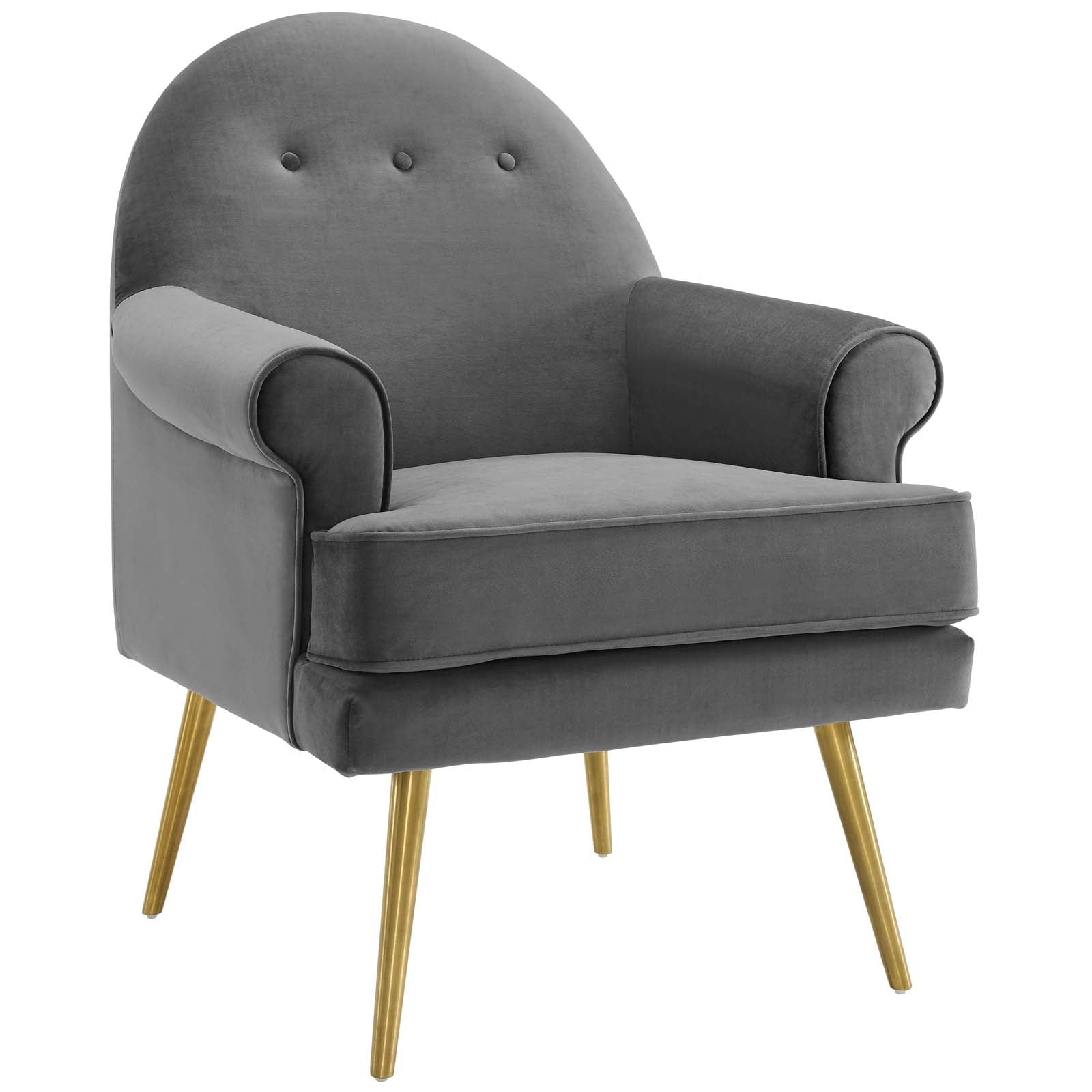 Gray velvet accent armchair with curved tufted back, rolled arms, cushioned seat and gold tapered legs