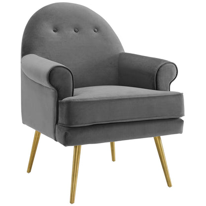 Gray velvet accent armchair with curved tufted back, rolled arms, cushioned seat and gold tapered legs