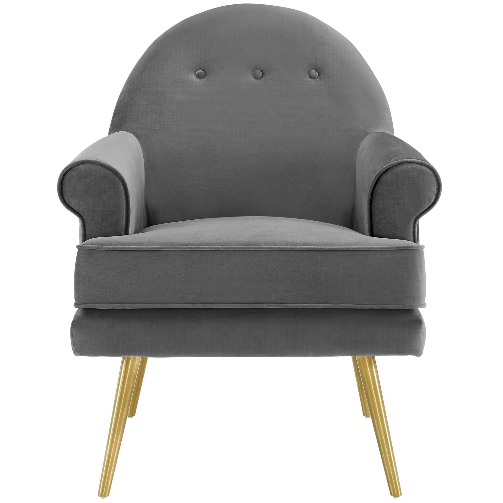 Gray upholstered mid-century armchair with tufted back, rounded arms, cushioned seat, and gold metal legs.