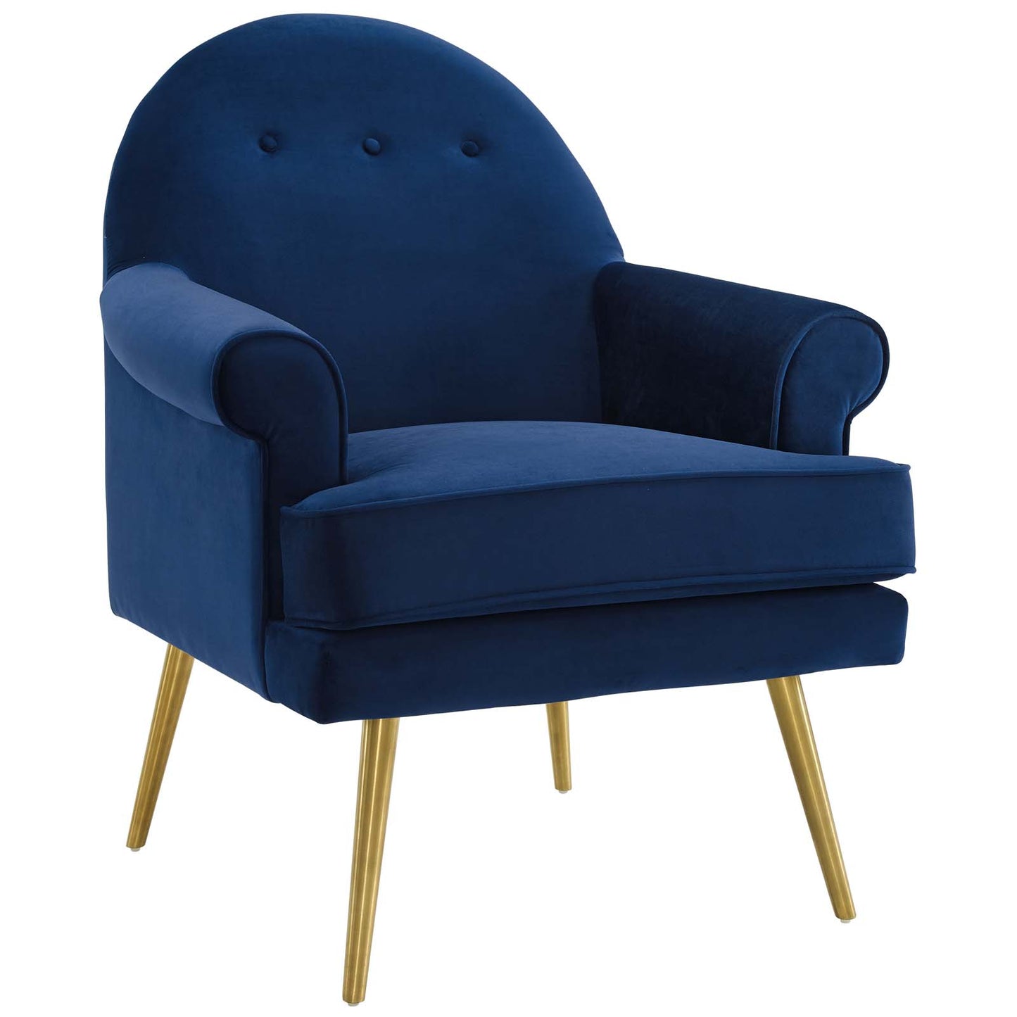 Navy blue velvet tufted-back armchair with rounded rolled arms, thick cushion, and gold tapered legs.