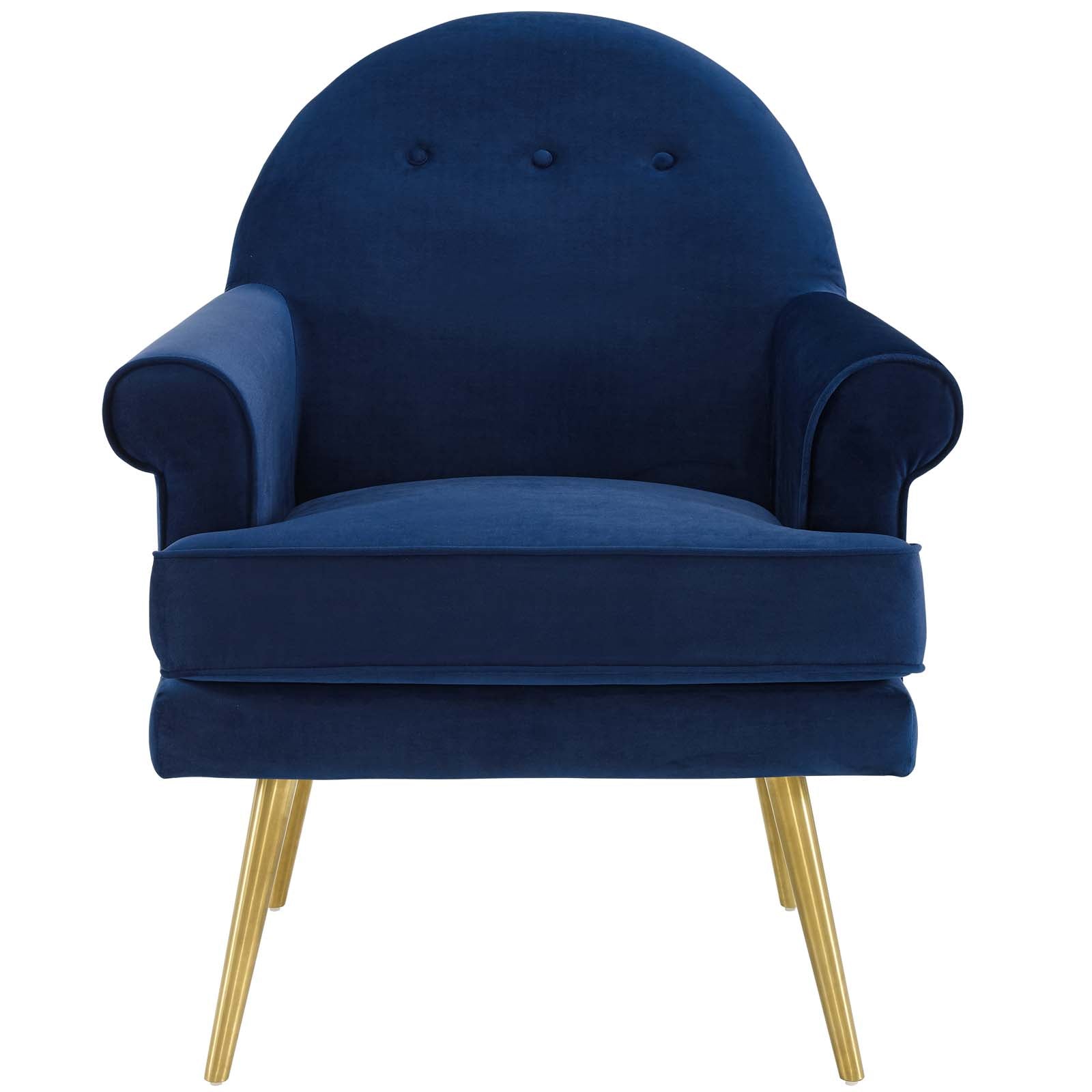 Navy velvet tufted button armchair with curved arms, plush seat, and gold metal legs.