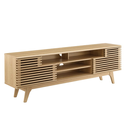 Light oak wood media console with slatted end doors, open central shelves, and angled tapered legs.