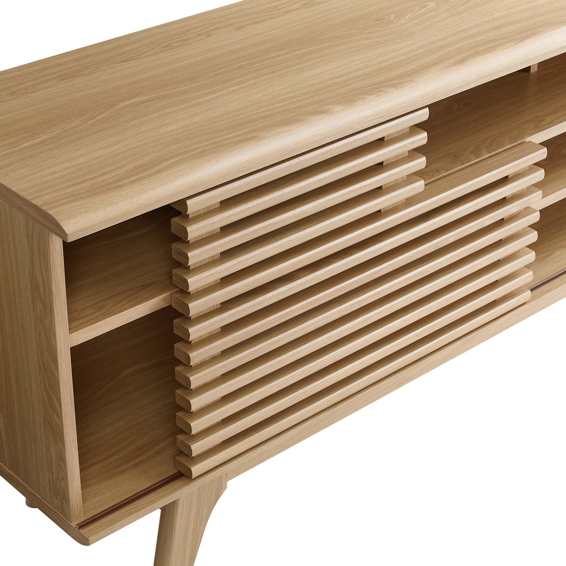 Oak wood media console / TV stand with slatted louver doors, open shelves, and mid-century legs in brown finish, 71" long.