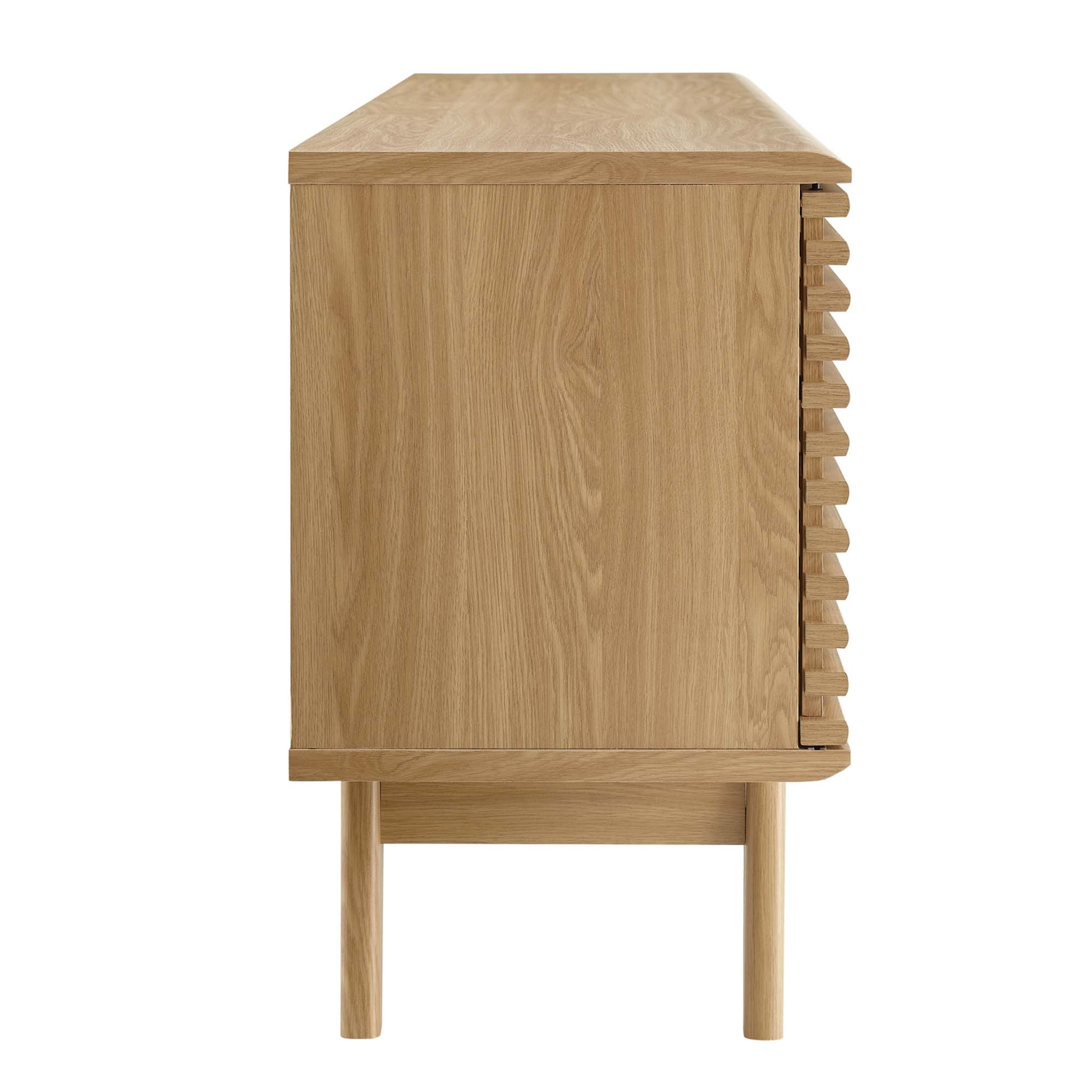 Natural oak 71-inch wide media console TV stand with a plain front panel and raised legs, offering storage.