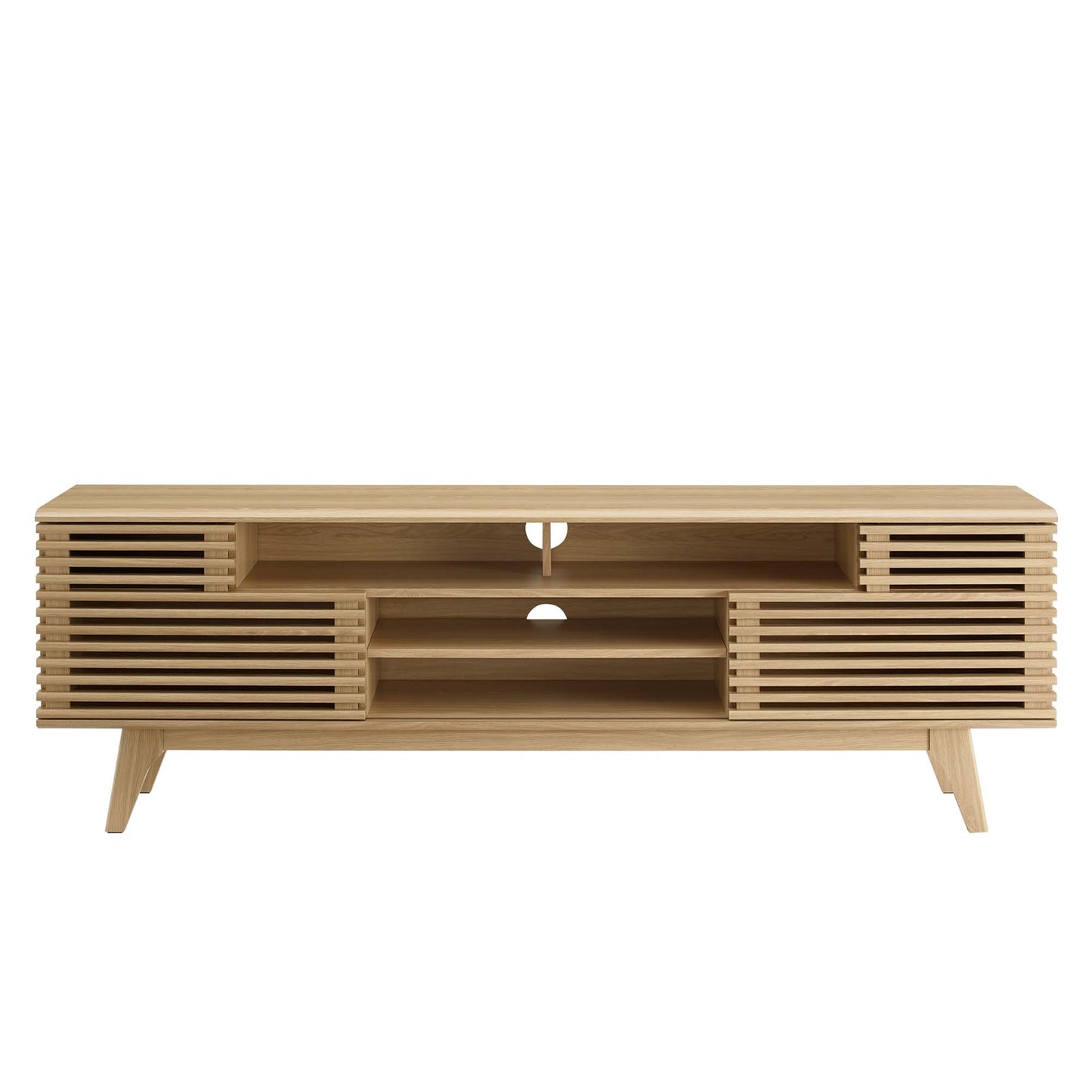 Oak wood media console TV stand with slatted side panels, open central shelves, cable holes, and angled mid-century legs.