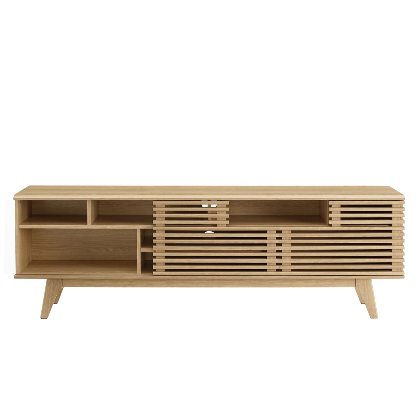 Oak wood media console with open left shelves, slatted center and right panels, and angled legs.