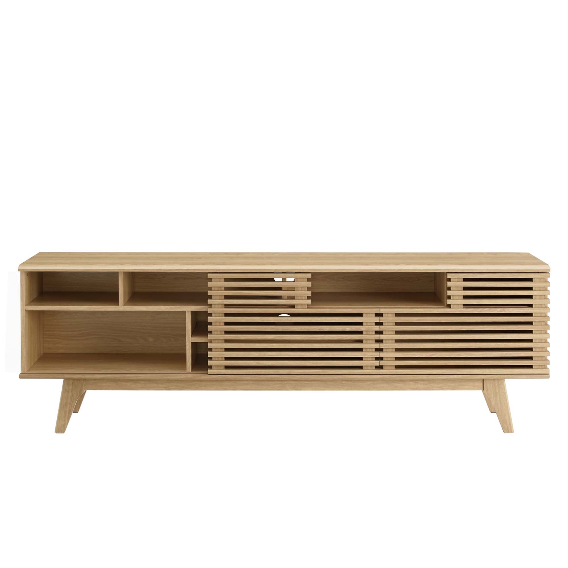 Oak wood media console with open left shelves, slatted center and right panels, and angled legs.