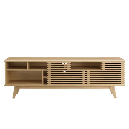 Oak wood media console with open left shelves, slatted center and right panels, and angled legs.