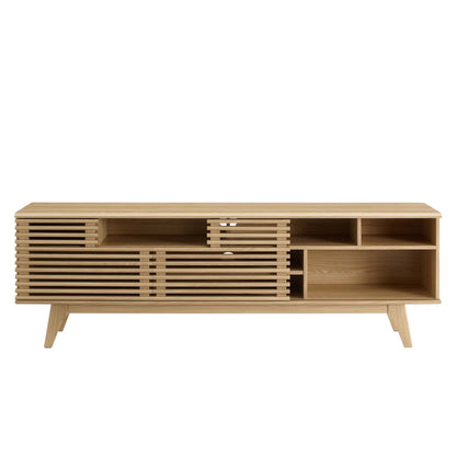 Oak wood media console with slatted left cabinet, open center shelf, and right cubbies; mid-century modern.