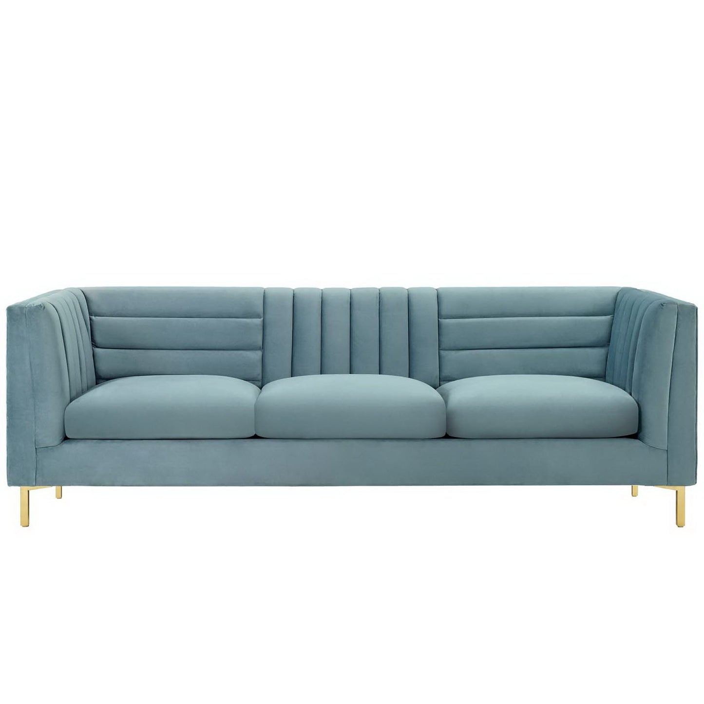 Teal-blue velvet sofa with vertical channel tufting, three seat cushions, and gold metal legs.
