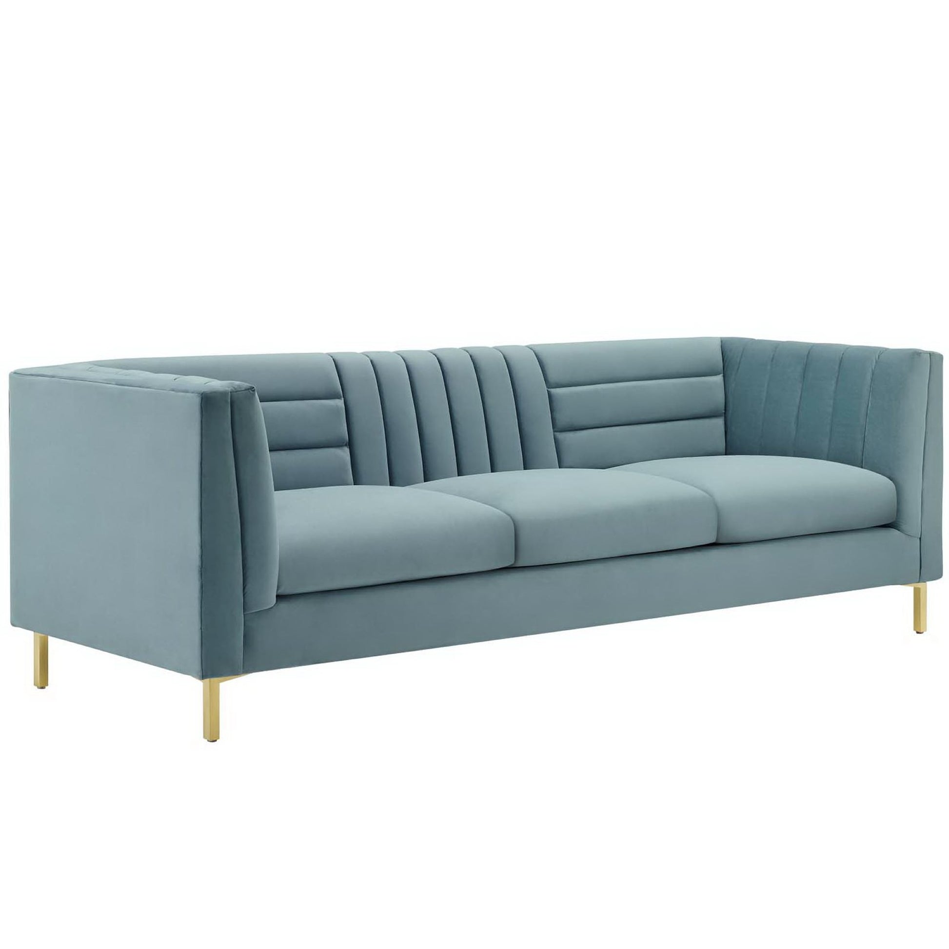 Blue velvet 3-seat sofa with channel-tufted back and arms, gold metal legs, mid-century modern style.