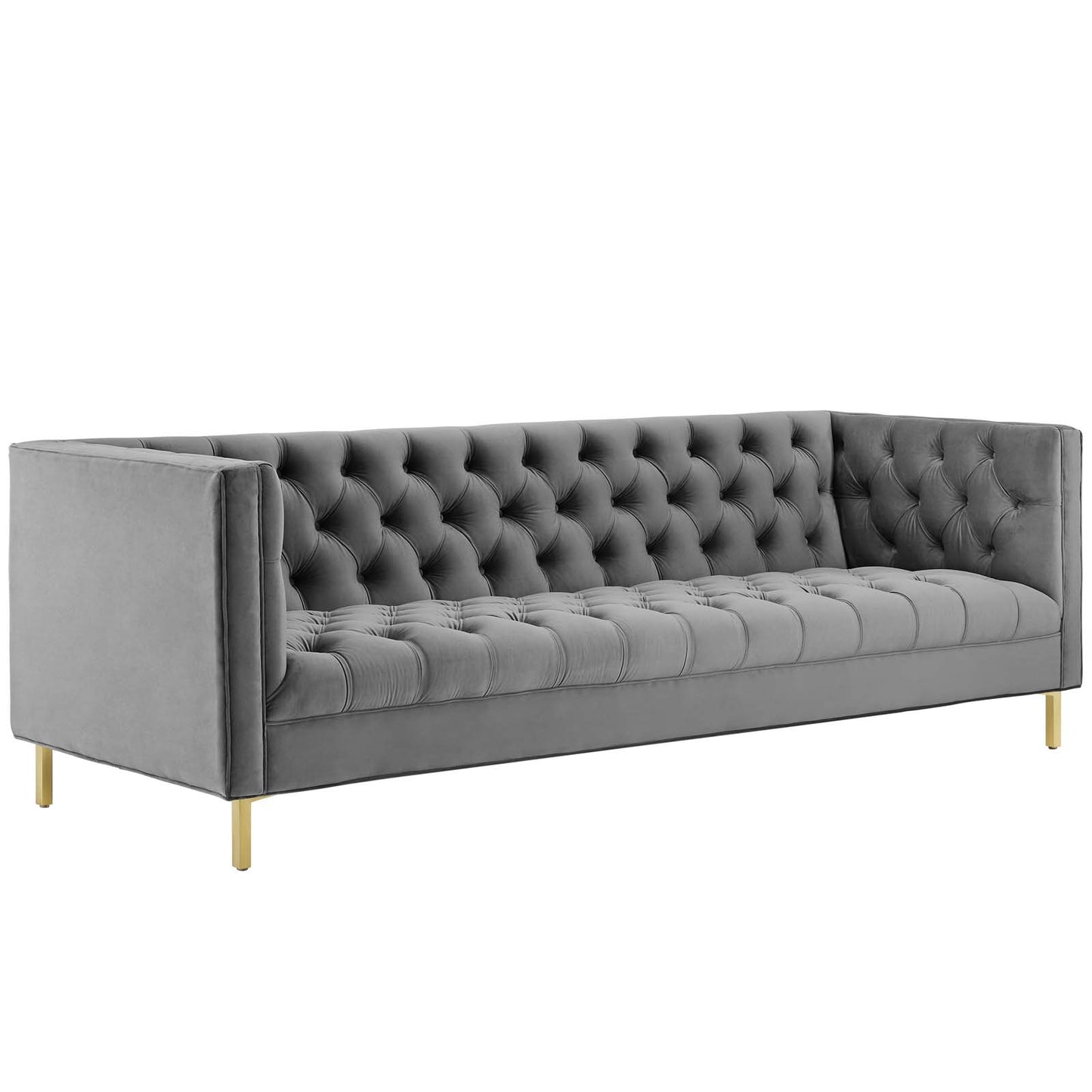 Gray velvet sofa with button-tufted back and seat, gold legs, modern mid-century living room seating.