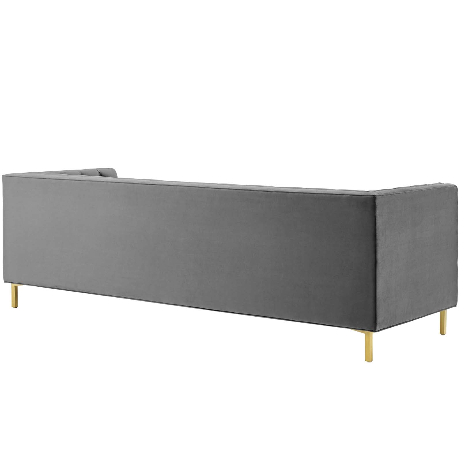 Gray velvet sofa with low back, clean lines, and gold metal legs for modern lounge seating.