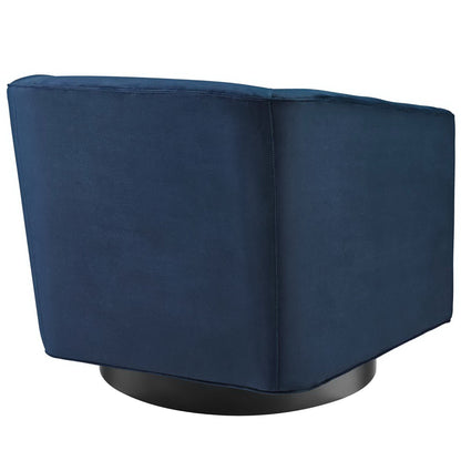 Navy blue fabric upholstered swivel club chair with a round black pedestal base