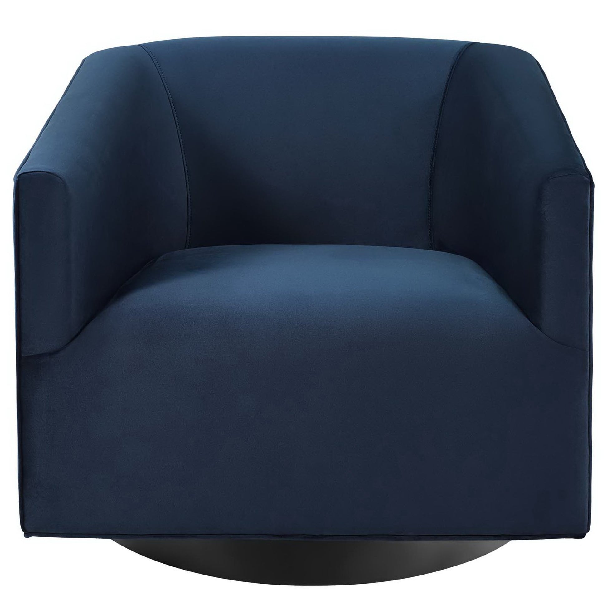 Navy blue performance velvet swivel lounge chair with curved arms and a circular pedestal base.