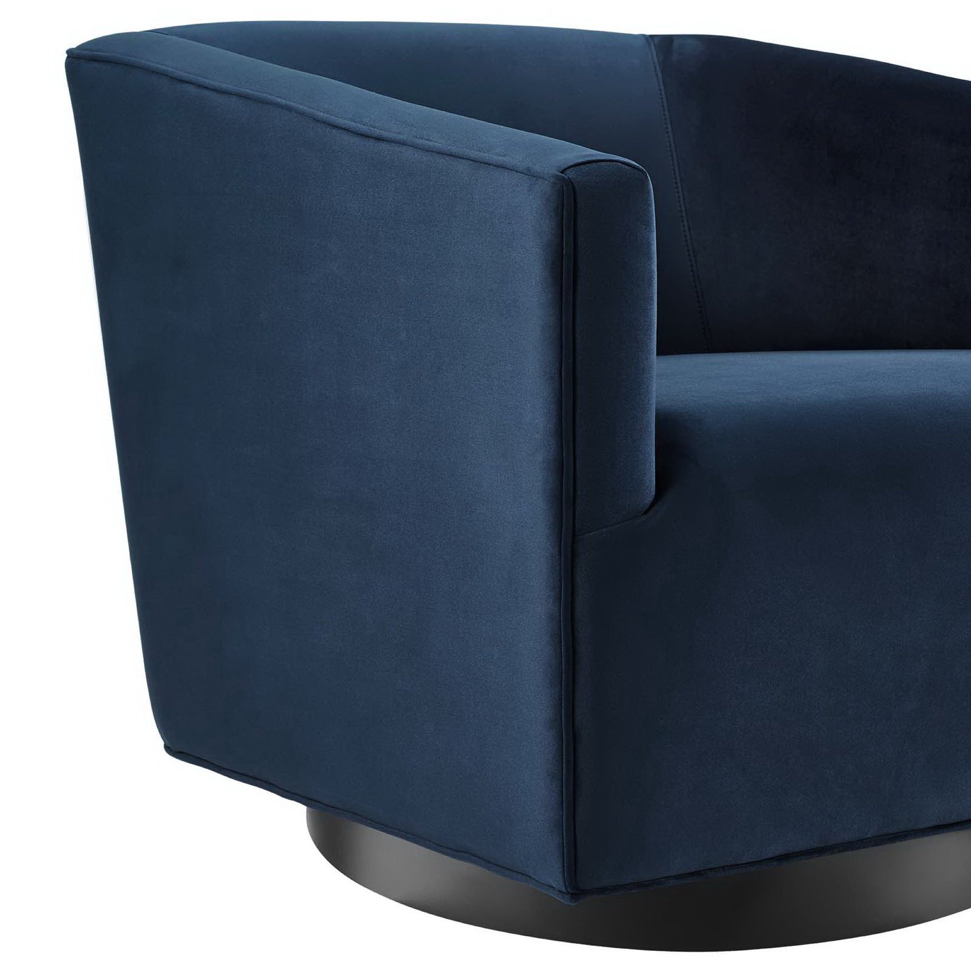 Blue velvet armchair with square arms and round pedestal base.